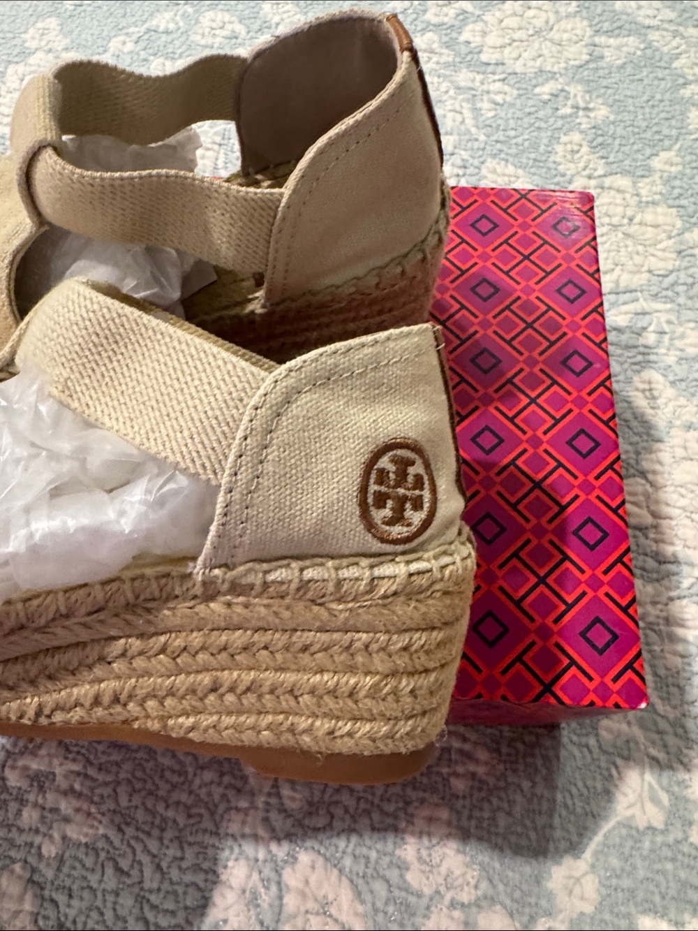 Tory Burch Natural Beige Canvas Espadrille Wedge Sandals
